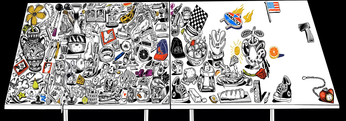 This image shows the design for a mural filled with images connected to St. Louis and the history of the Lewis Collaborative building.
