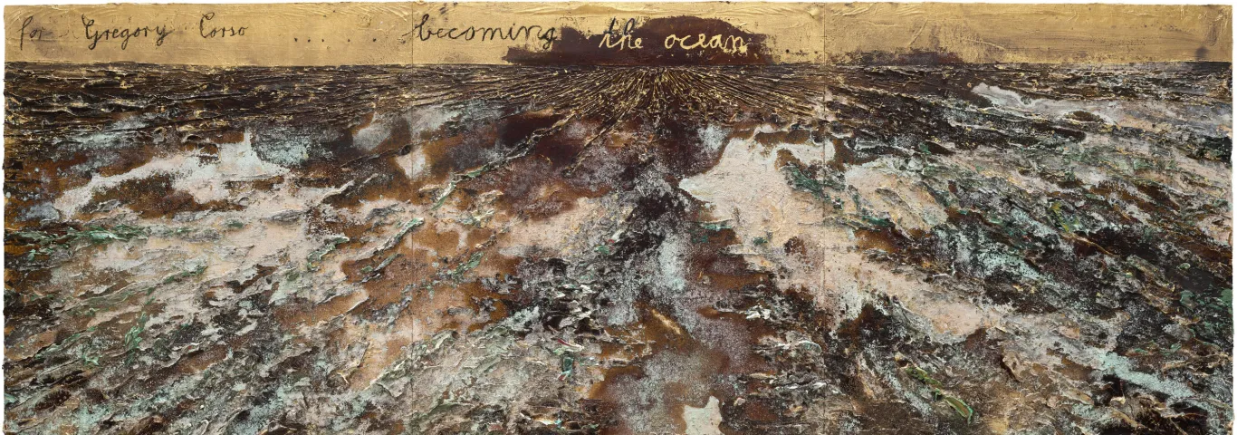 Artwork featuring browns and creams in a frothy wavelike appearance