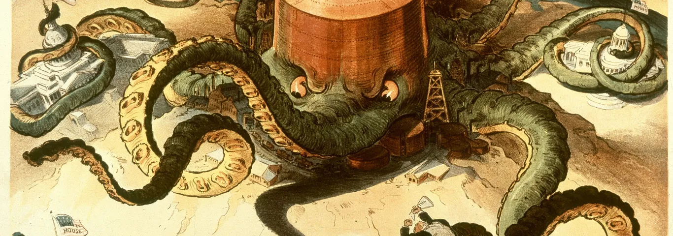 illustration of an oil refinery with tentacles reaching out over a map
