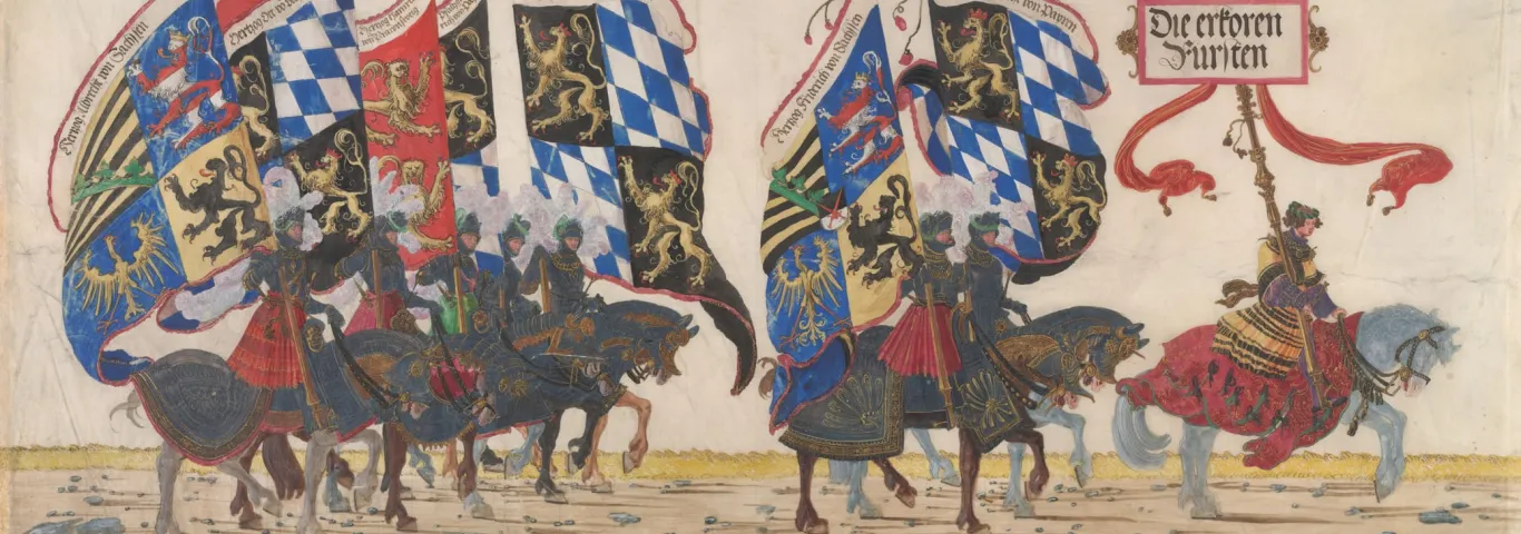 colorized woodcut featuring knights atop horses and bearing flags