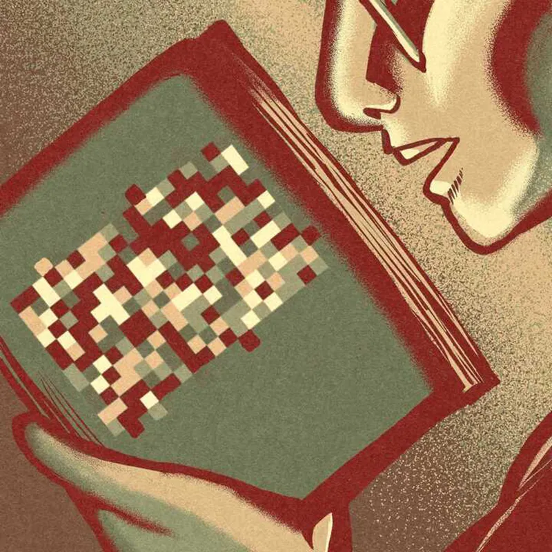 Illustration of a book in which the text has been pixelated