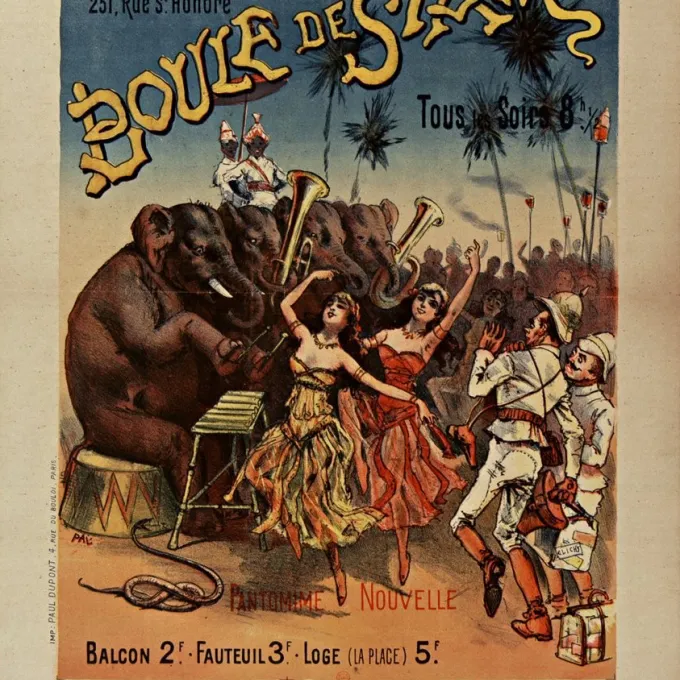 "illustrated poster featuring elephants, dancing women and startled men"