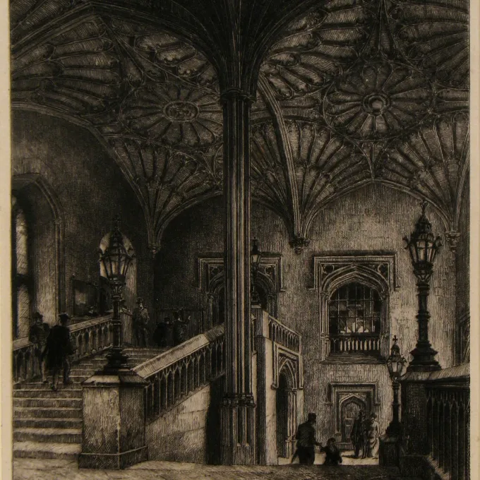Drawing of an ornate staircase and ceiling 