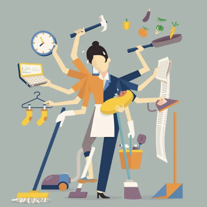 Illustration of a woman performing multiple work-related and household tasks